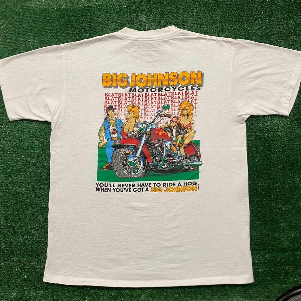 Vintage 90s Big Johnson Motorcycles T-Shirt Single Stitch White Funny Sex Humor